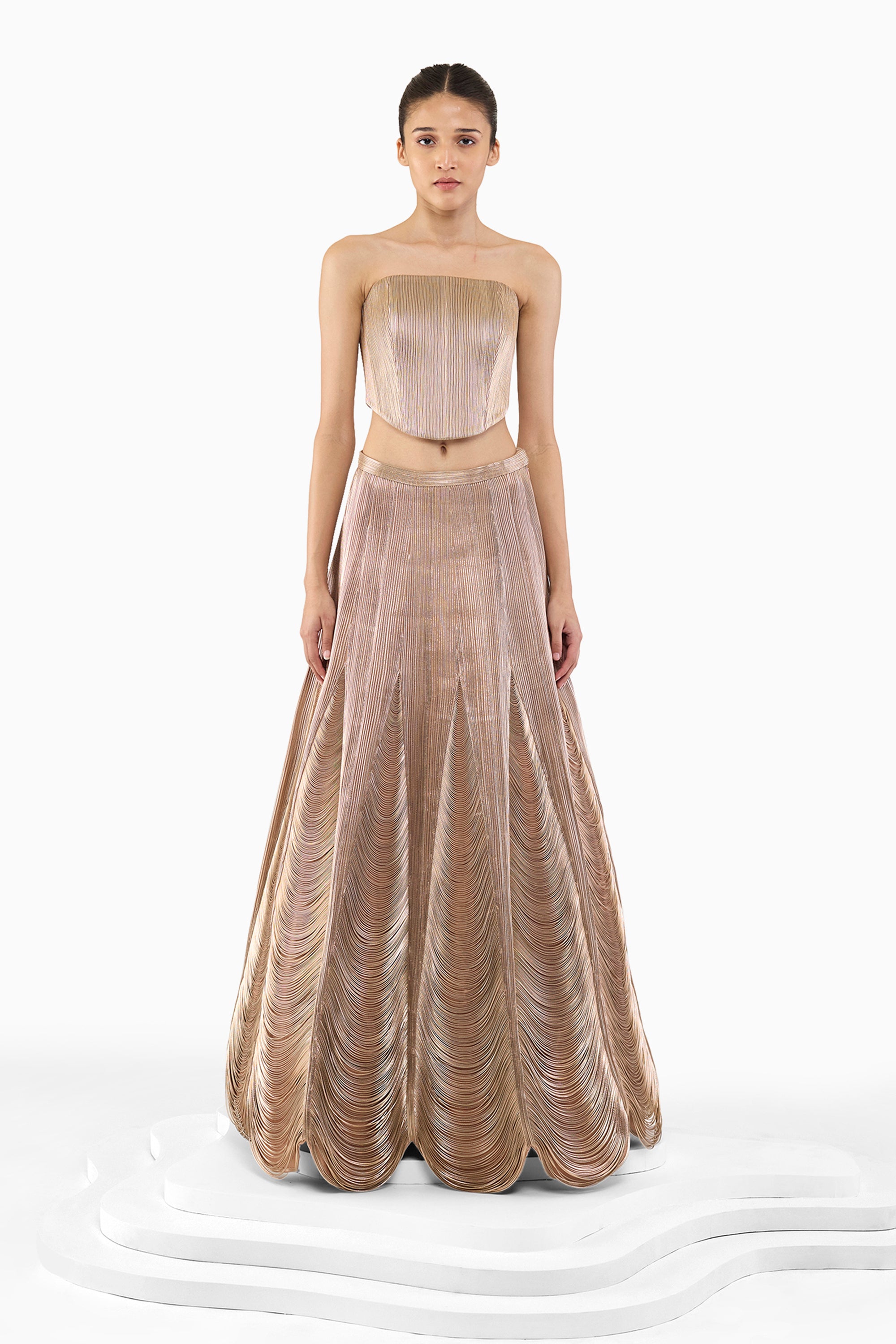 ROSE GOLD FRINGE PANELED LEHENGA – Rimzim Dadu