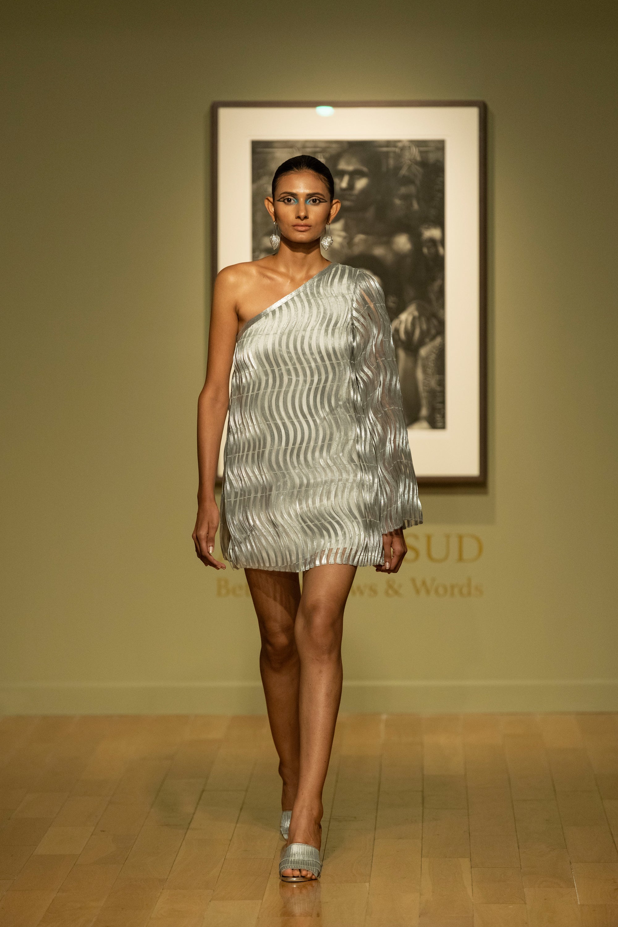 Metallic Cords One-Shoulder Ripple Texture Dress Rimzim Dadu Metallic Cords One-Shoulder Ripple Texture Dress Rimzim Dadu